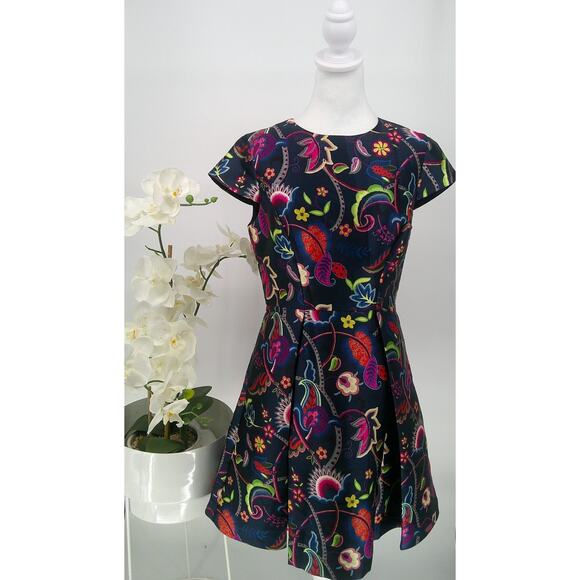 Ted Baker London Dark Blue Floral Fluxam Folk Foliage Skater Dress Size 3 (US 8) - Picture 1 of 12